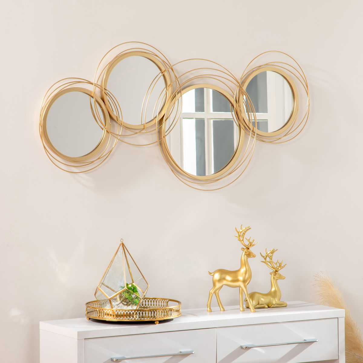 HOMCOM 4-Piece Gold Metal Wall Art with Decorative Mirrors – Modern Wall Sculpture