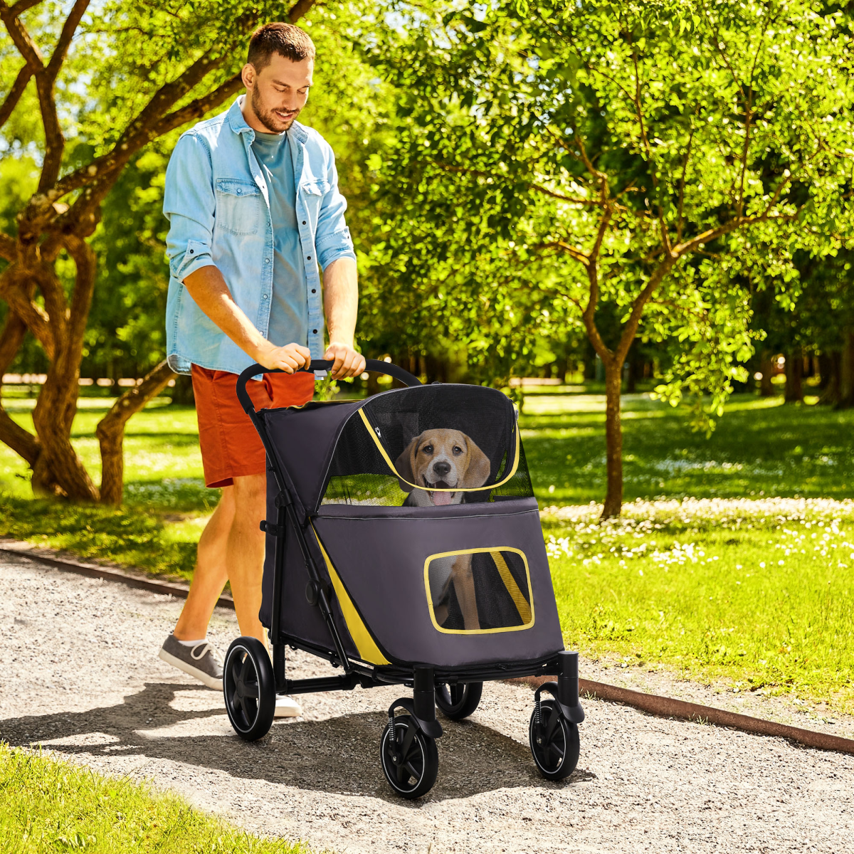 PawHut Foldable Dog Stroller with Universal Wheels, Shock Absorbers & Rear Brake – Pet Carriage, Grey