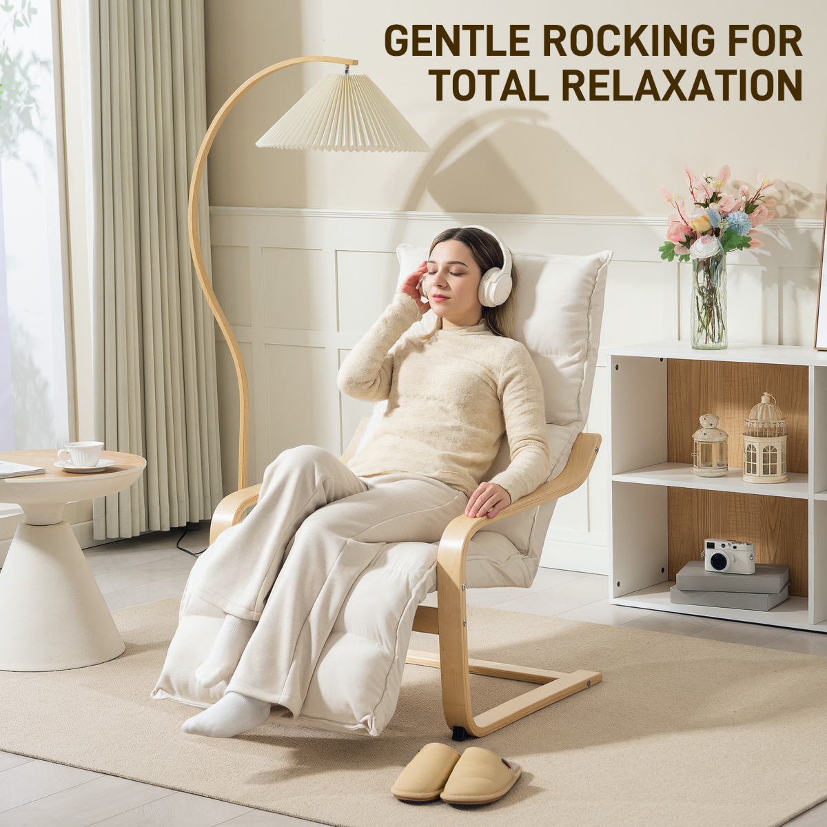 Rocking Lounge Chair with 5-Position Adjustable Footrest & Birch Wood Frame – Velvet-Feel Armchair, Cream White