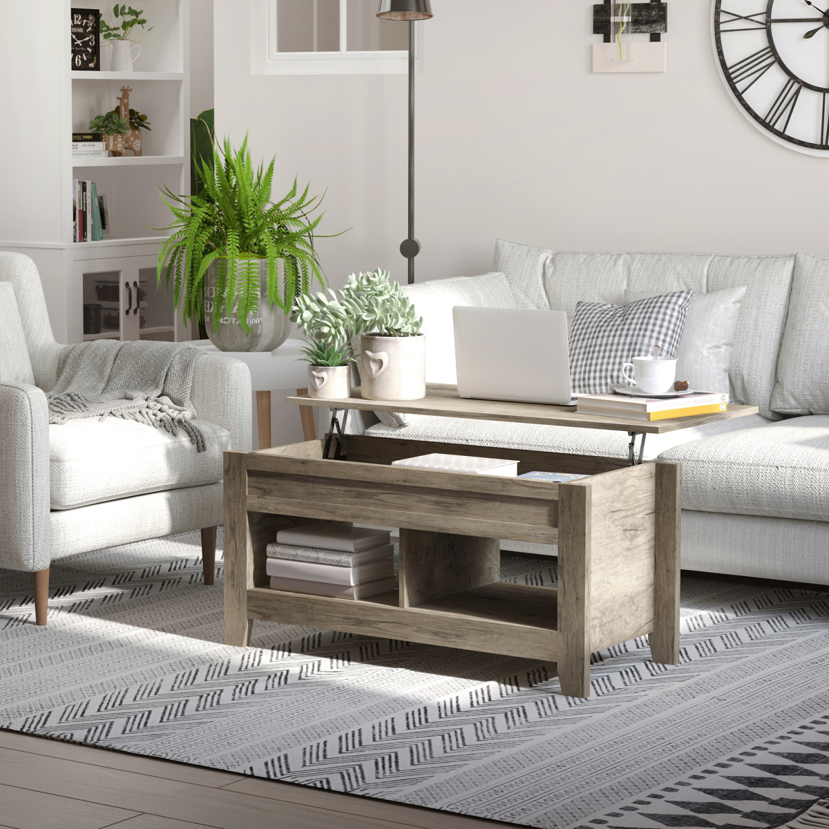 HOMCOM Lift-Top Coffee Table with Hidden Storage & Open Shelves – Sofa Dining and Laptop Table, Oak