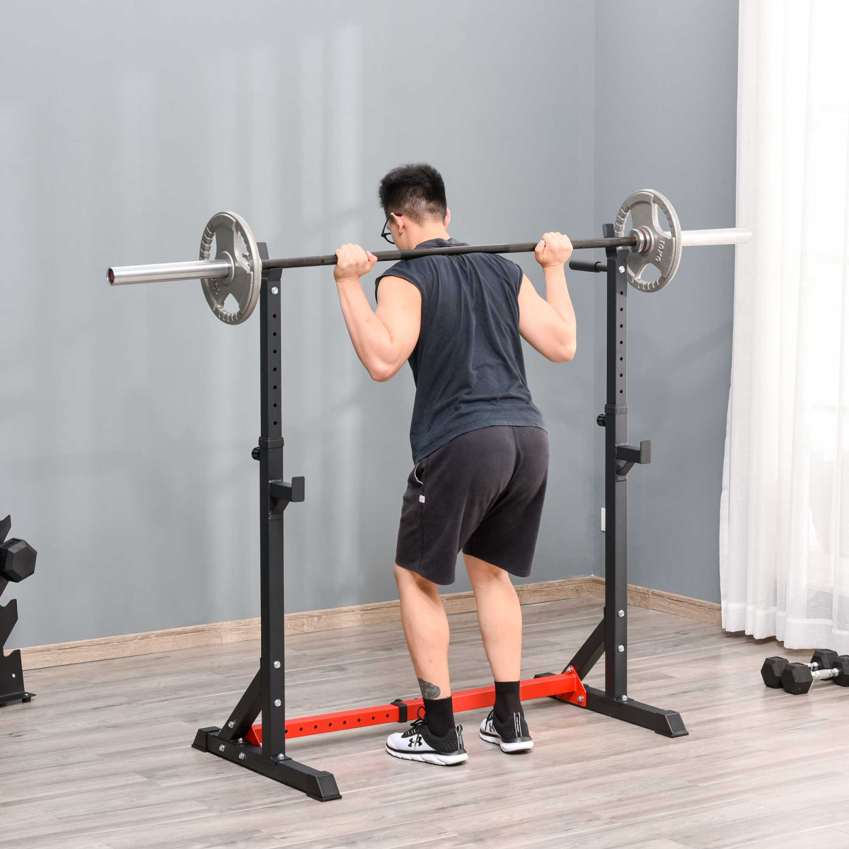 HOMCOM Adjustable Barbell Squat Rack & Dip Stand with 12 Height Positions – Home Gym Bench Press Stand, 150kg Load
