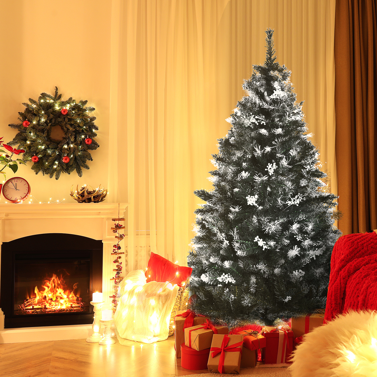 HOMCOM 5ft Artificial Snow-Dipped Christmas Tree with White Berries and Star Topper Branch – Green