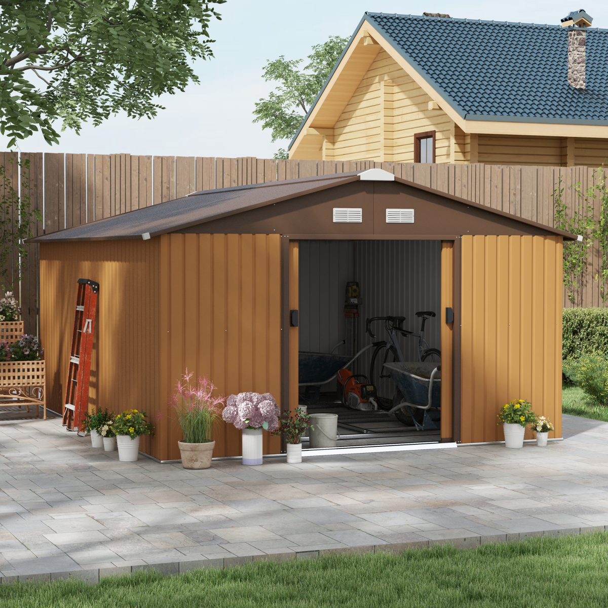 Outsunny 13ft x 11ft Metal Garden Storage Shed with Foundation, Vents & Wide Doors – Light Brown