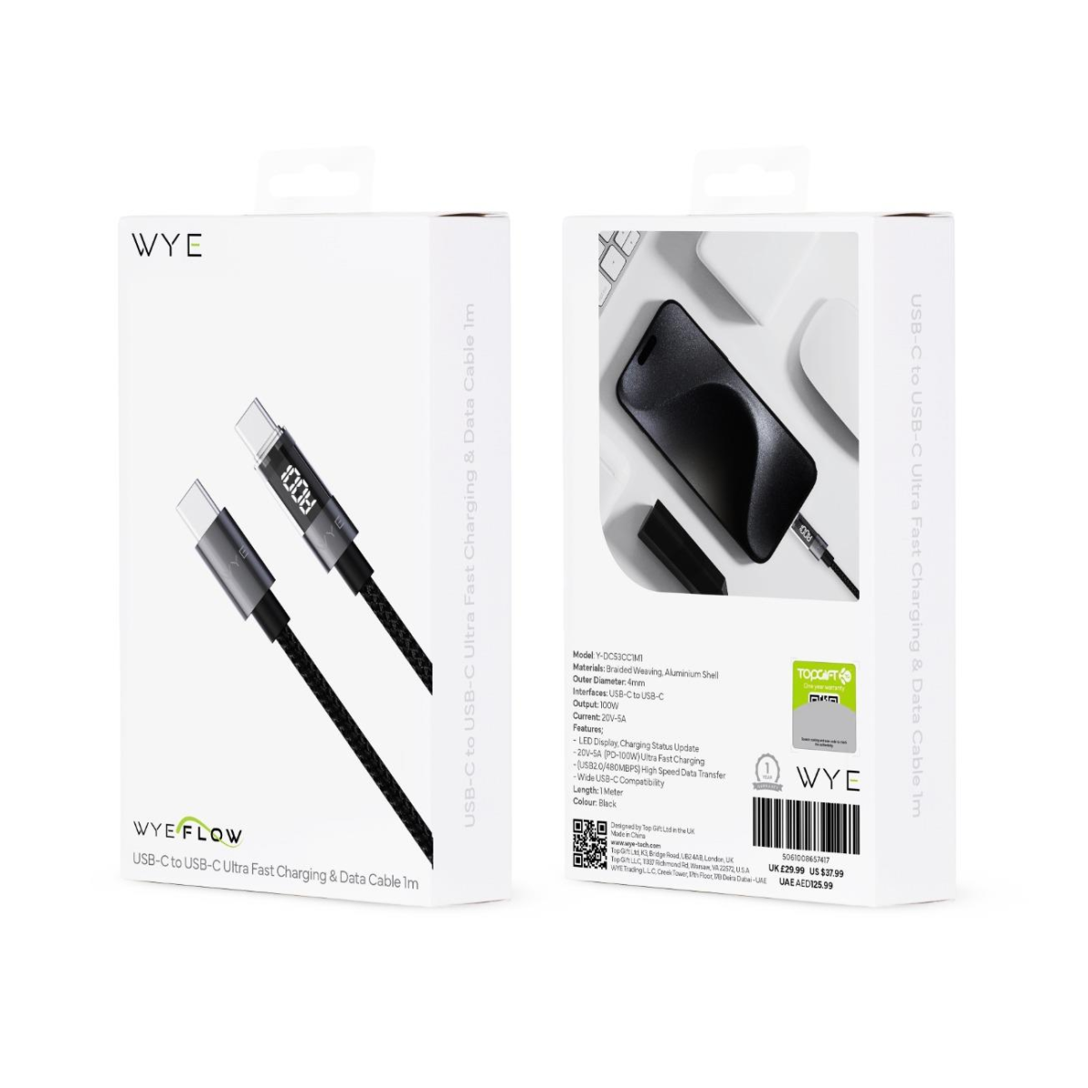 Wyeflow Ultra Fast Charging & Data Cable with LED Charging Display – Braided Aluminium Shell, 1m, Black