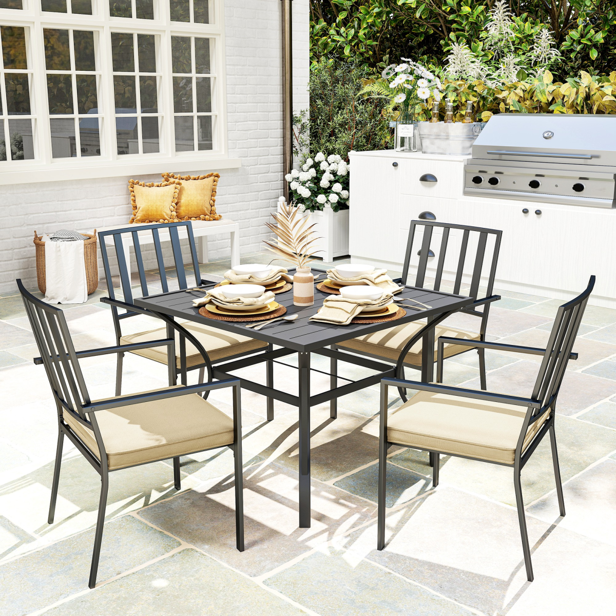 Outsunny Outdoor Dining Set with 4 Stackable Cushioned Armchairs & Metal Table, 50mm Umbrella Hole – Black/Beige
