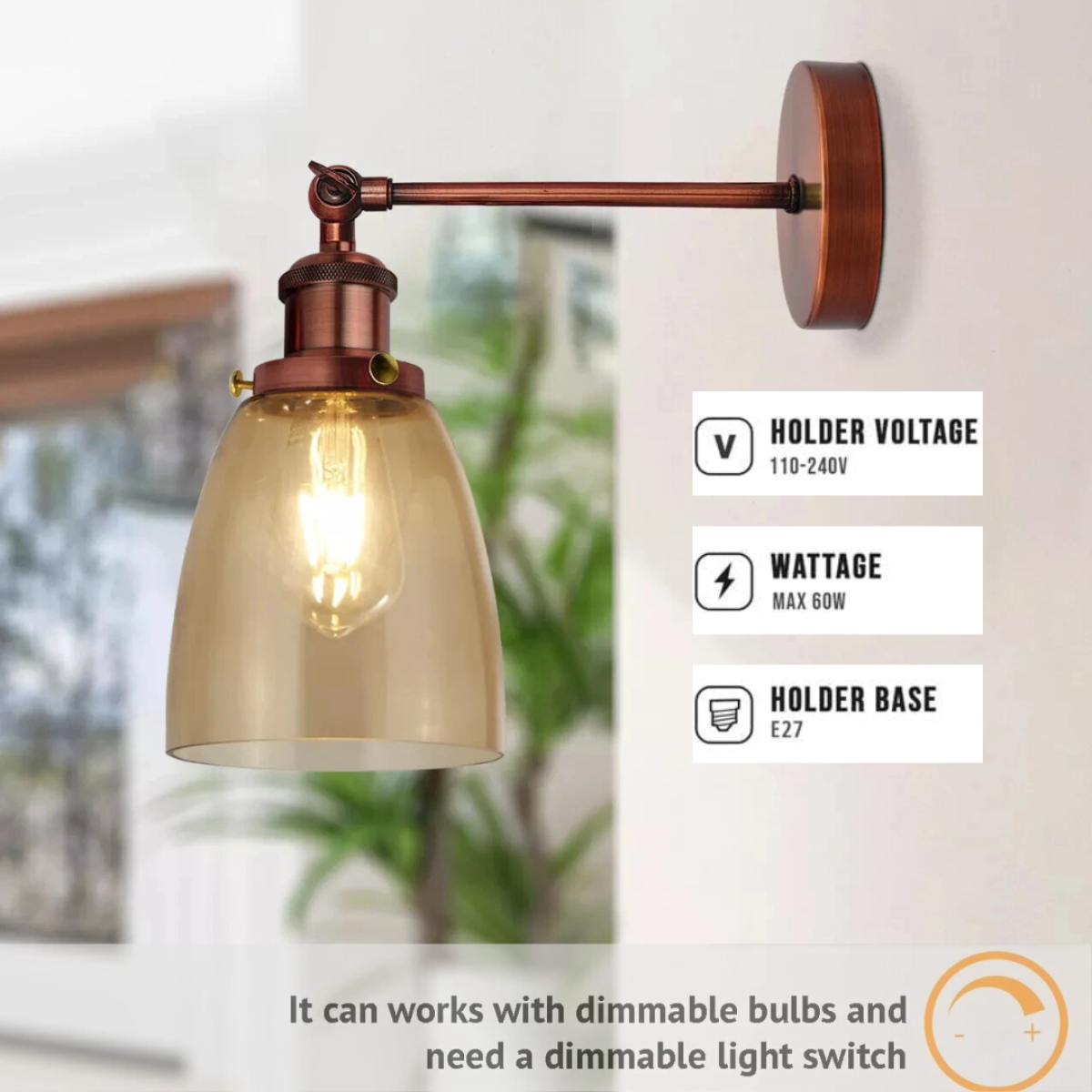 LEDSone Adjustable Amber Glass Wall Light with Copper-Plated Base – Modern Bell Wall Sconce, E27