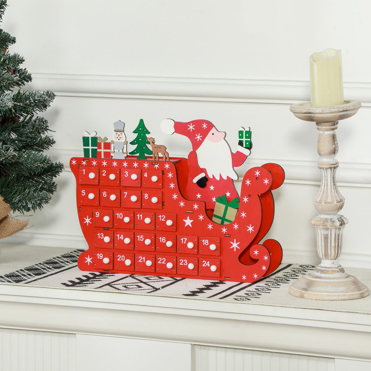 HOMCOM Advent Calendar with 24 Fillable Drawers – Santa Sleigh Christmas Countdown Calendar, Red