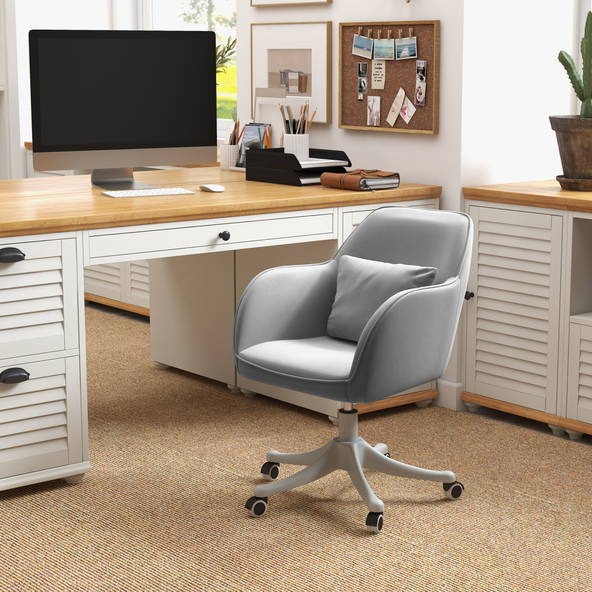 Vinsetto Tub Office Chair with Rechargeable Massage Lumbar Pillow – Velvet-Feel Swivel Desk Chair