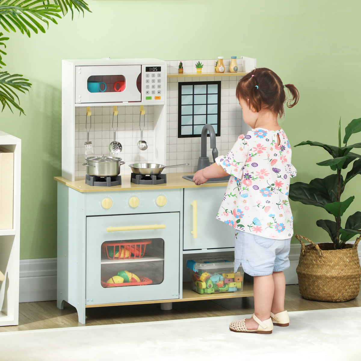 AIYAPLAY Play Kitchen with Light & Sound Stove, Microwave, Oven & Sink – Kids Kitchen Playset, Blue and White