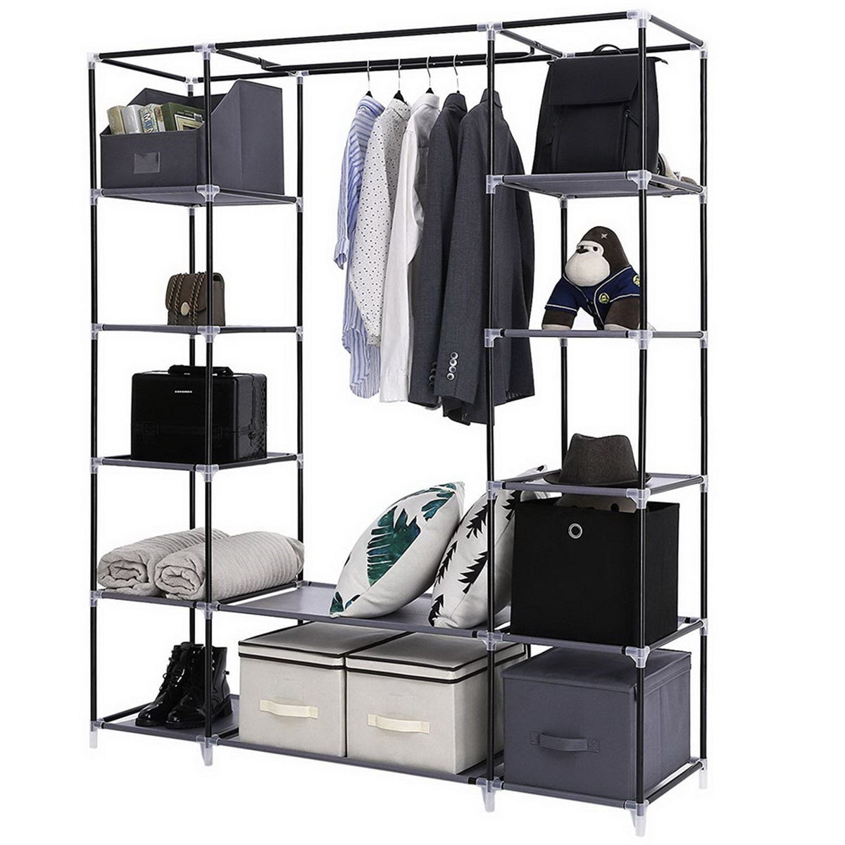 Portable Fabric Wardrobe with Hanging Rail, 12 Shelves & Dustproof Cover, 147 x 44 x 174cm, Grey