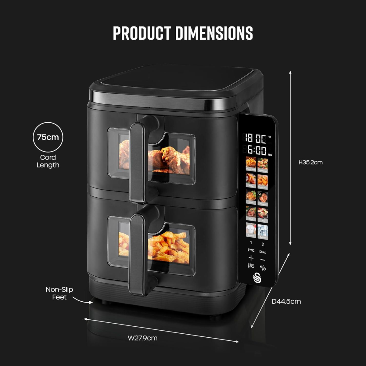 Swan 11L Twin Stack Dual Layer Air Fryer with 2 x 5.5L Baskets – Family Cooking, Space-Saving