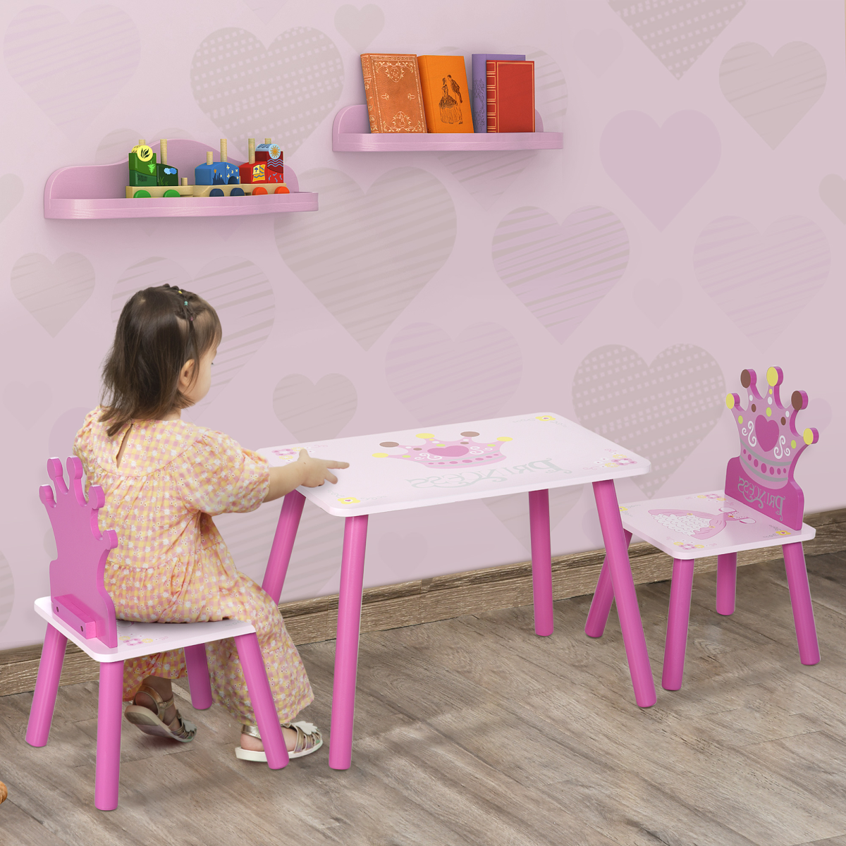 HOMCOM 3-Piece Kids Princess Table and Chair Set with Crown Backs – Pink Play Furniture for Ages 2-4