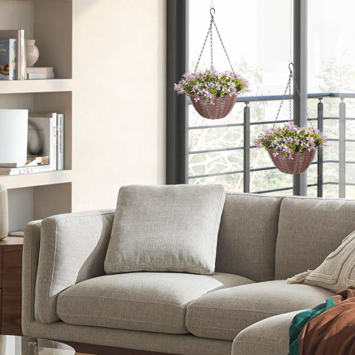 Artificial Hanging Basket with Purple Flowers & Lush Foliage – Maintenance-Free Home & Office Decor