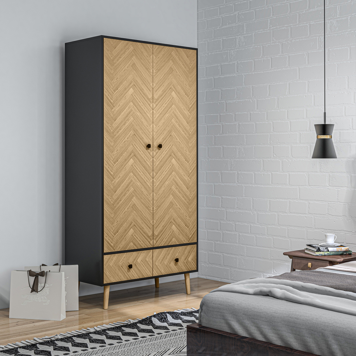 HOMCOM Wood Grain Wardrobe Cabinet with Hanging & Shelf Storage – Grey & Oak, 90 x 50 x 190cm