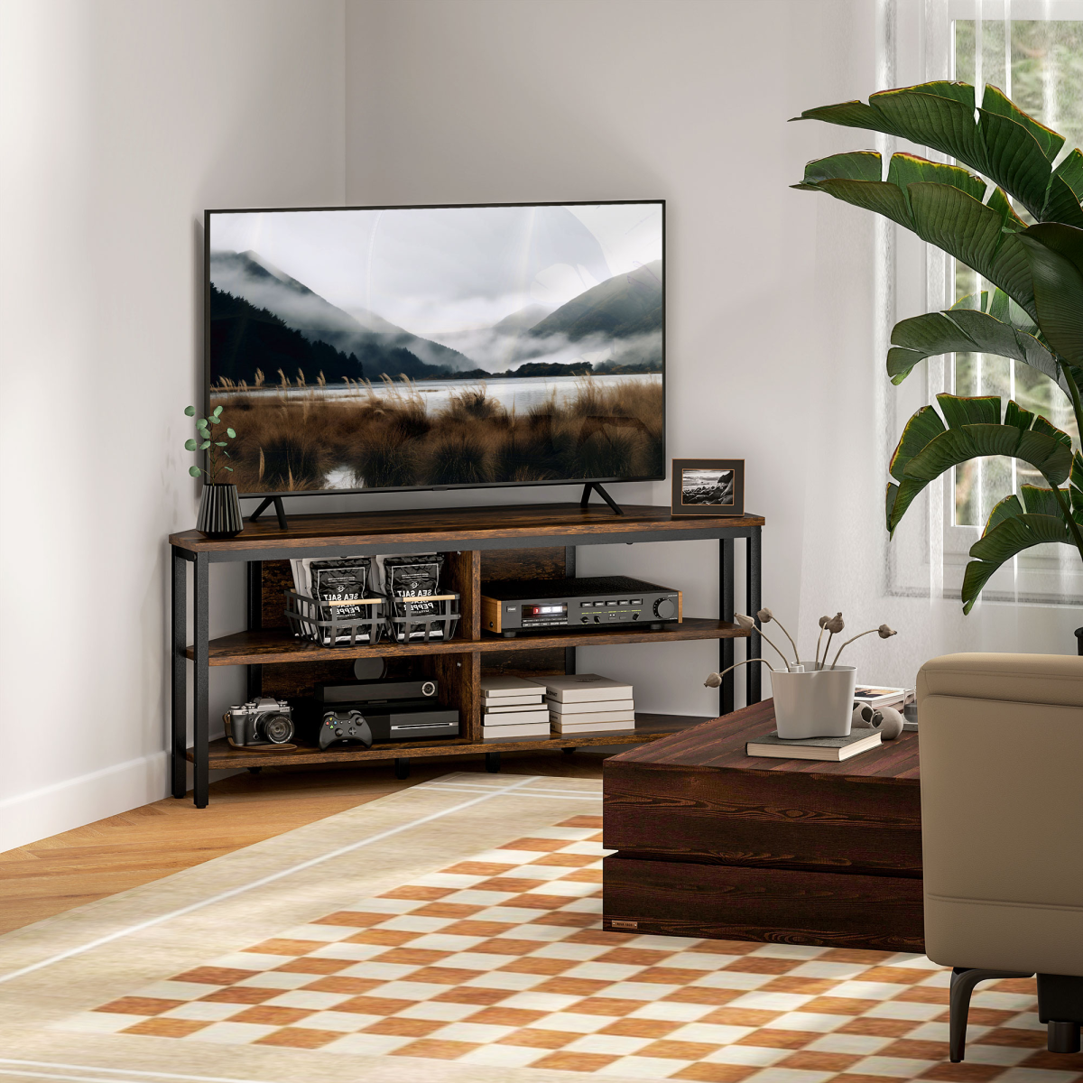 HOMCOM Corner TV Stand for TVs up to 50" with Four Open Shelves – Space-Saving Media Unit, Rustic Brown