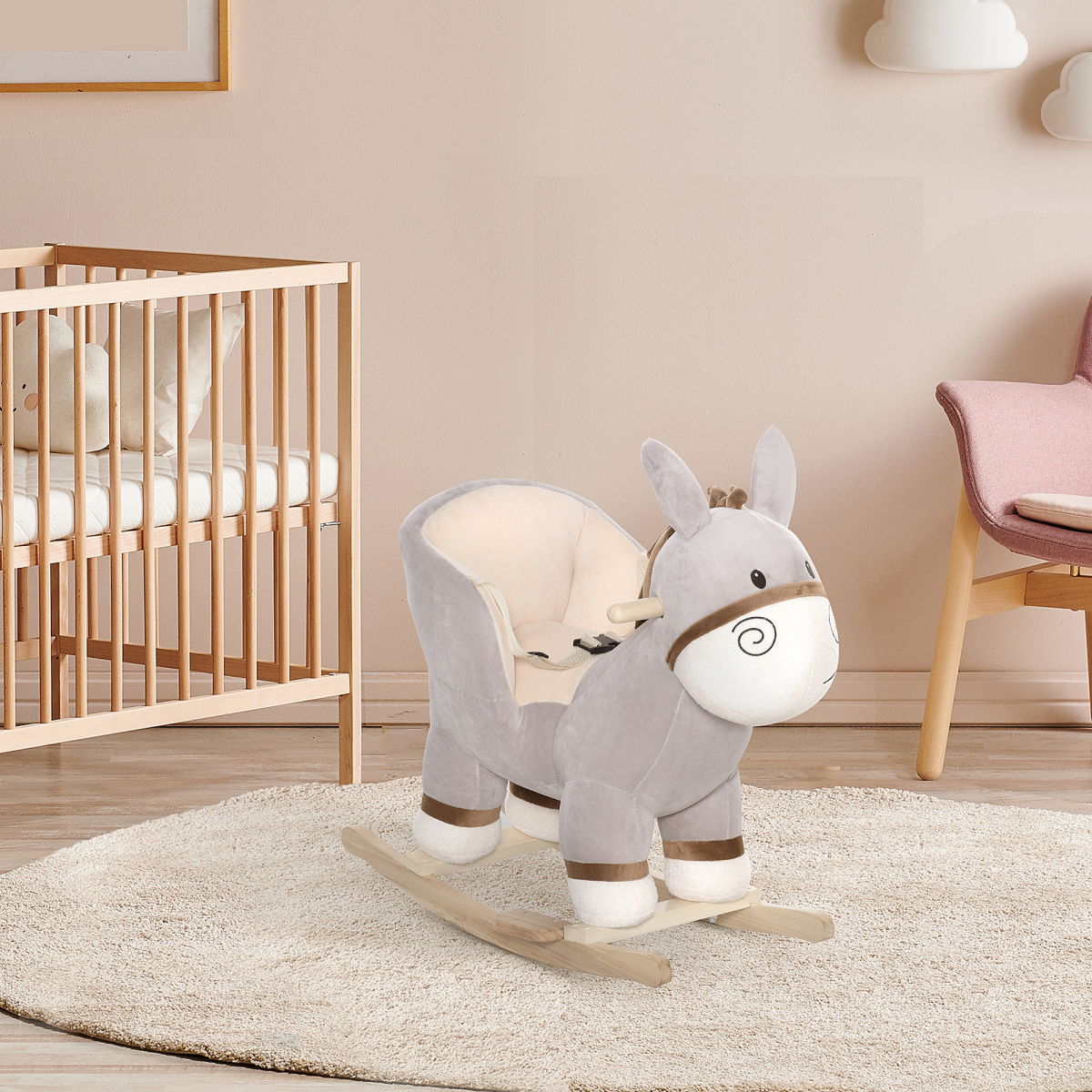 HOMCOM Kids Ride-On Rocking Donkey with Sound Button, Handlebars, Seat Belt and Plush Body – Ages 18-36 Months