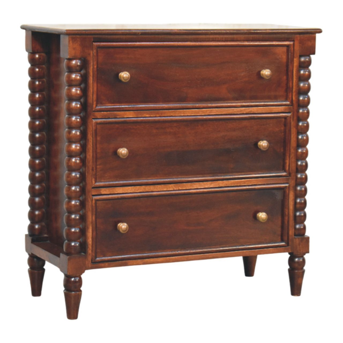 Artisan Furniture Spindle Winewood Solid Mango Wood Chest, 3 Drawers & Carved Legs – Bedroom Storage, Brown