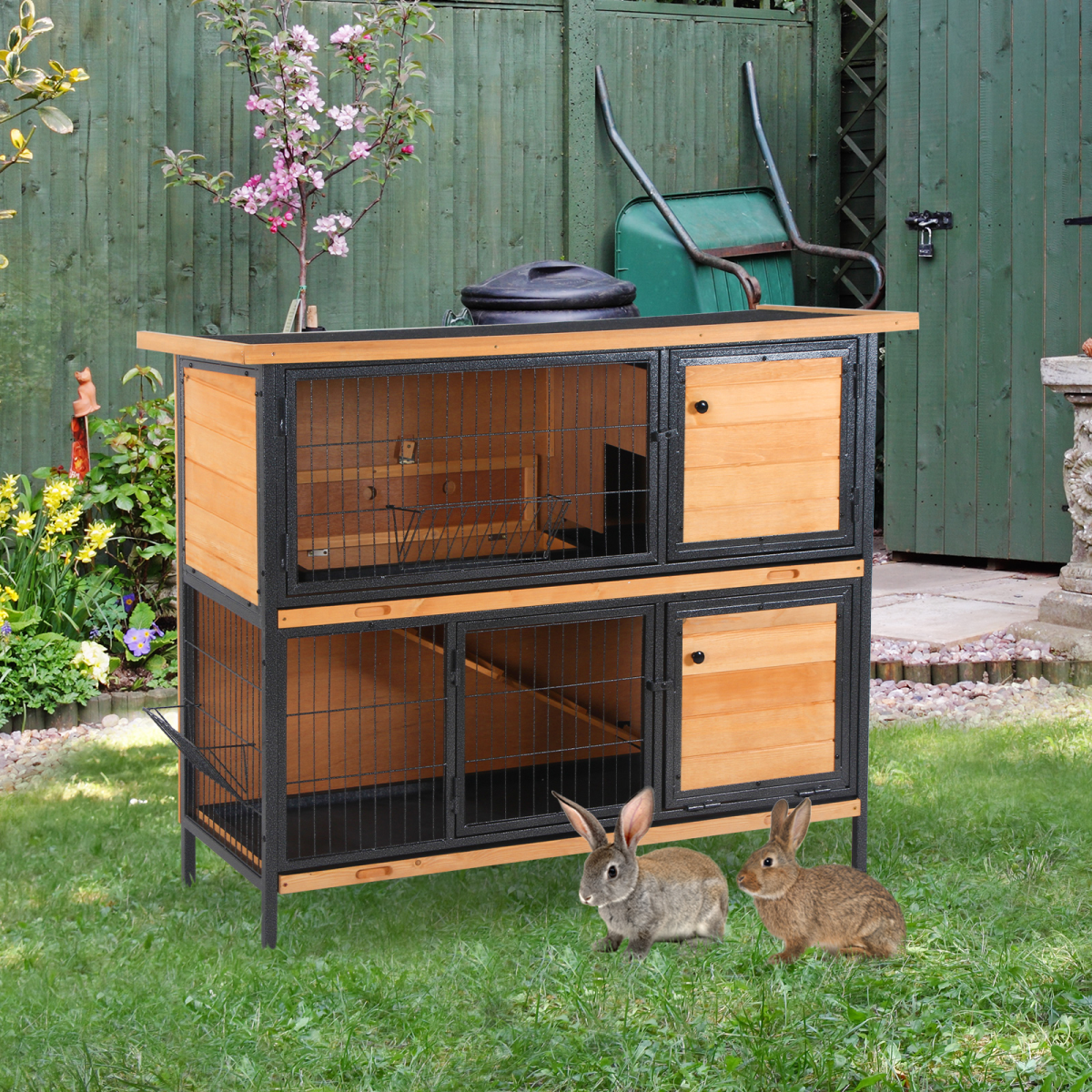 PawHut Wooden Rabbit Hutch with Metal Frame, Run & Slide-Out Tray – Outdoor Bunny House, Light Yellow