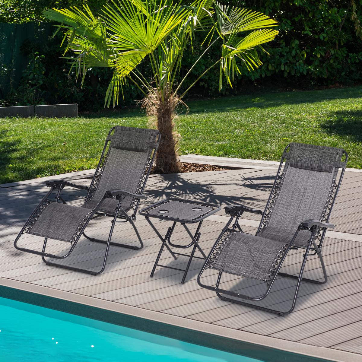 Outsunny 3-Piece Zero Gravity Chairs & Side Table Set with Cup Holders – Foldable Sun Loungers, Light Grey
