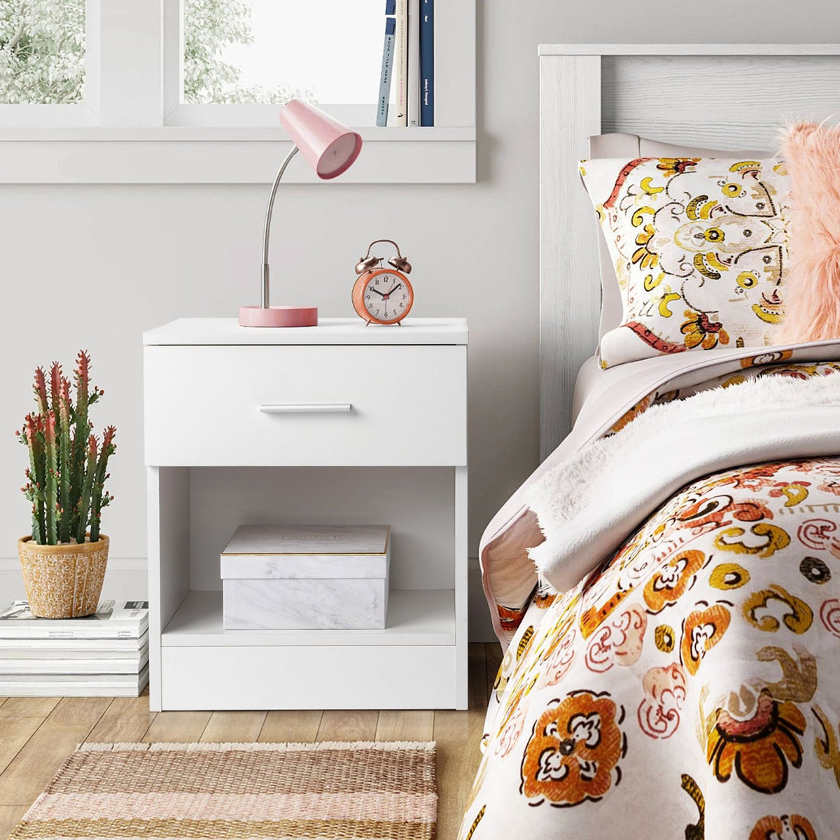 2-Tier Bedside Table with Drawer and Open Shelf – Modern Nightstand, White