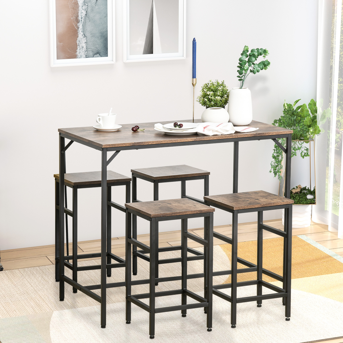 HOMCOM Industrial 5-Piece Bar Set with Table and 4 Stools, Steel Frame and Footrest Rings – Black/Brown
