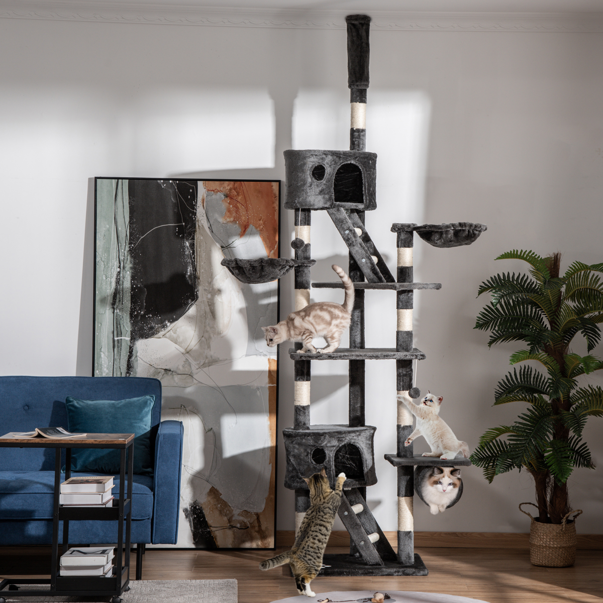 PawHut 240–260cm Floor-to-Ceiling Cat Tree with Houses, Hammocks, Ramps & Scratching Posts – Dark Grey
