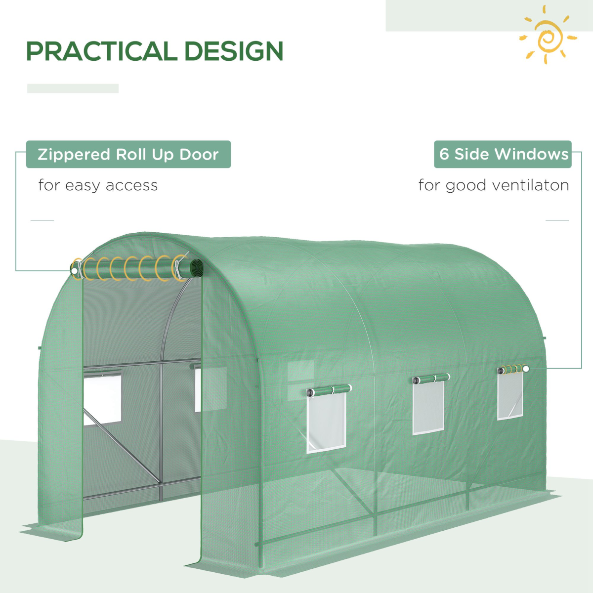 Walk-in Tunnel Greenhouse with 6 Windows & Zipped Roll-up Door – Steel Frame, 11.5 x 6.6 x 6.6ft, Deep Green
