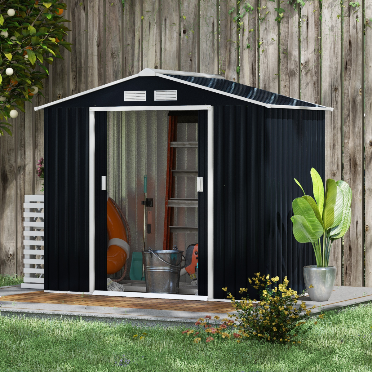 Outsunny 7 x 4ft Lockable Galvanised Steel Garden Shed with Sloped Roof & Foundation – Tool Storage, Grey