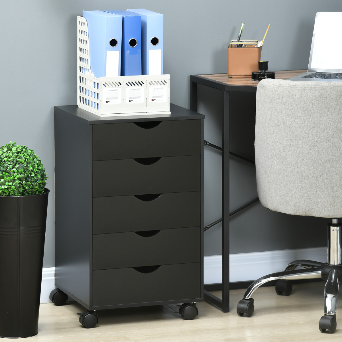 HOMCOM Mobile Vertical Filing Cabinet with 5 Drawers and Wheels – Home Office Storage, Black