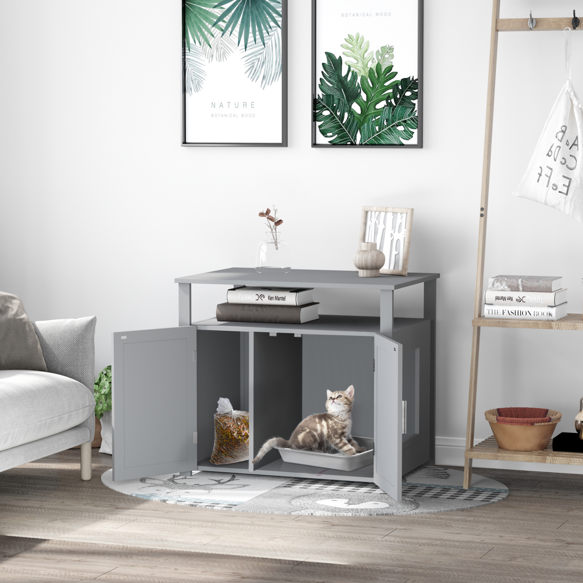 Pawhut Wooden Cat Litter Box Enclosure with Shelves and Magnetic Door – Cat House Furniture, Grey