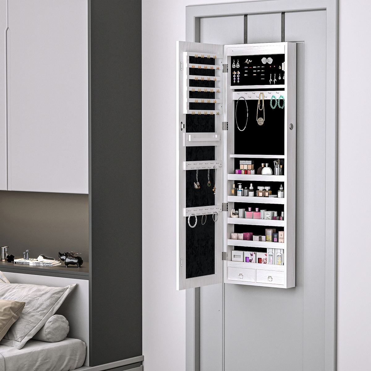 Lockable Hanging Mirrored Jewellery Cabinet with Full-Length Mirror & 6 LED Lights – White