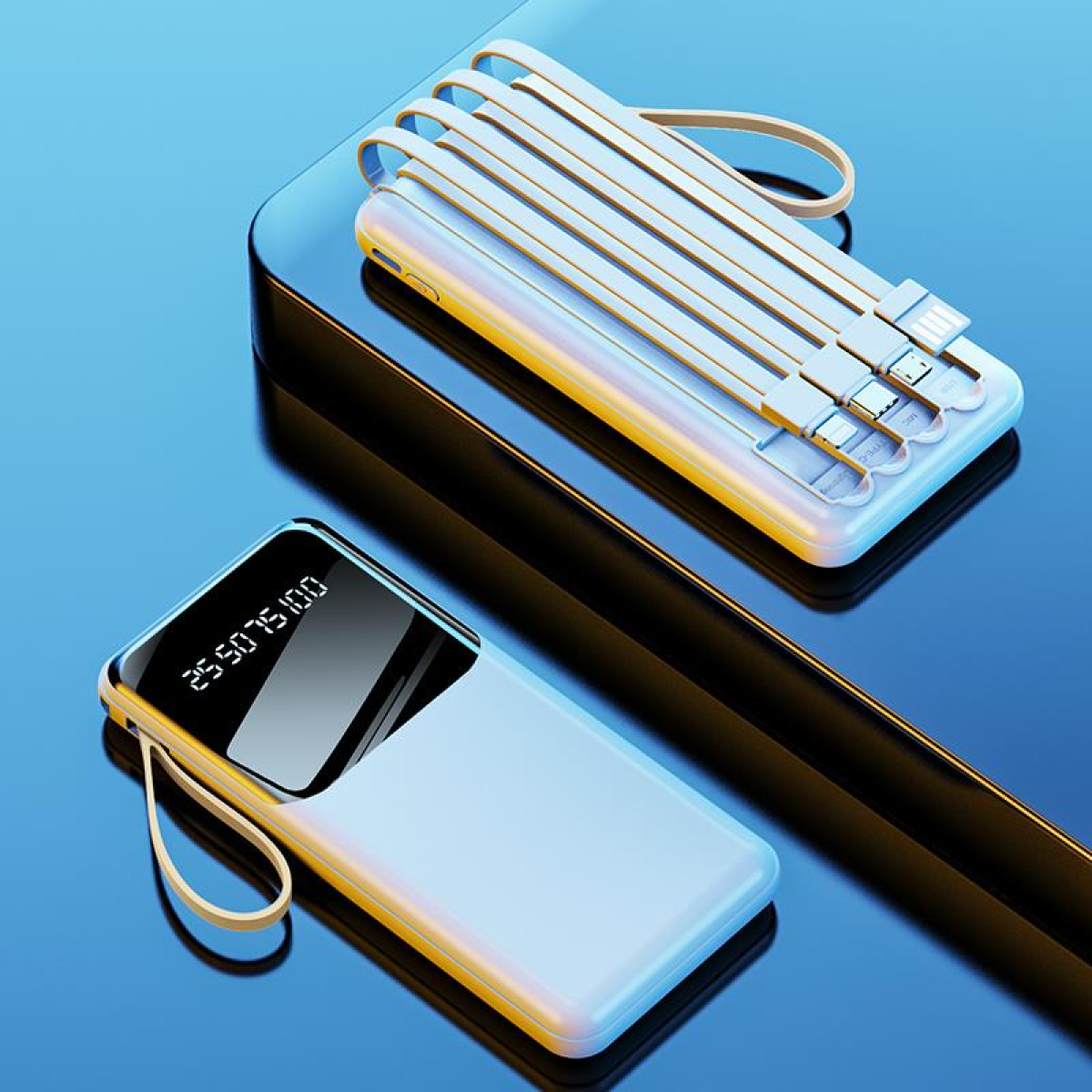 WYEFLUX 10000mAh Portable Power Bank with Built-In Cables and LED Lights – Compact On-the-Go Charger, White