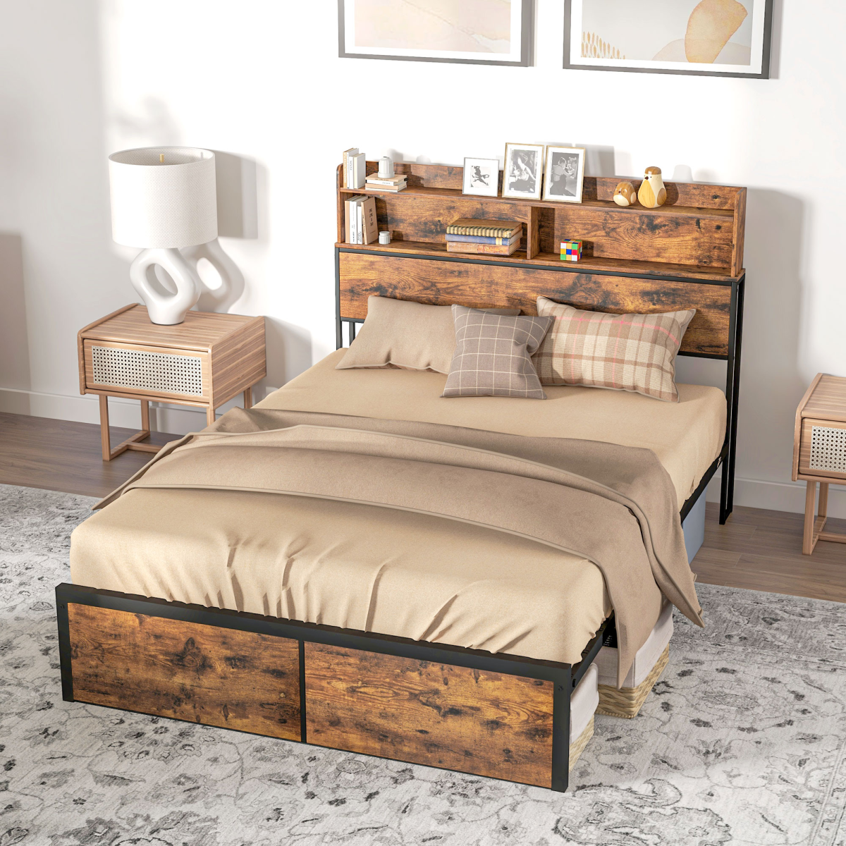 HOMCOM 4ft6 Double Metal Bed Frame with Storage Headboard & Under Bed Storage – Bedroom Furniture