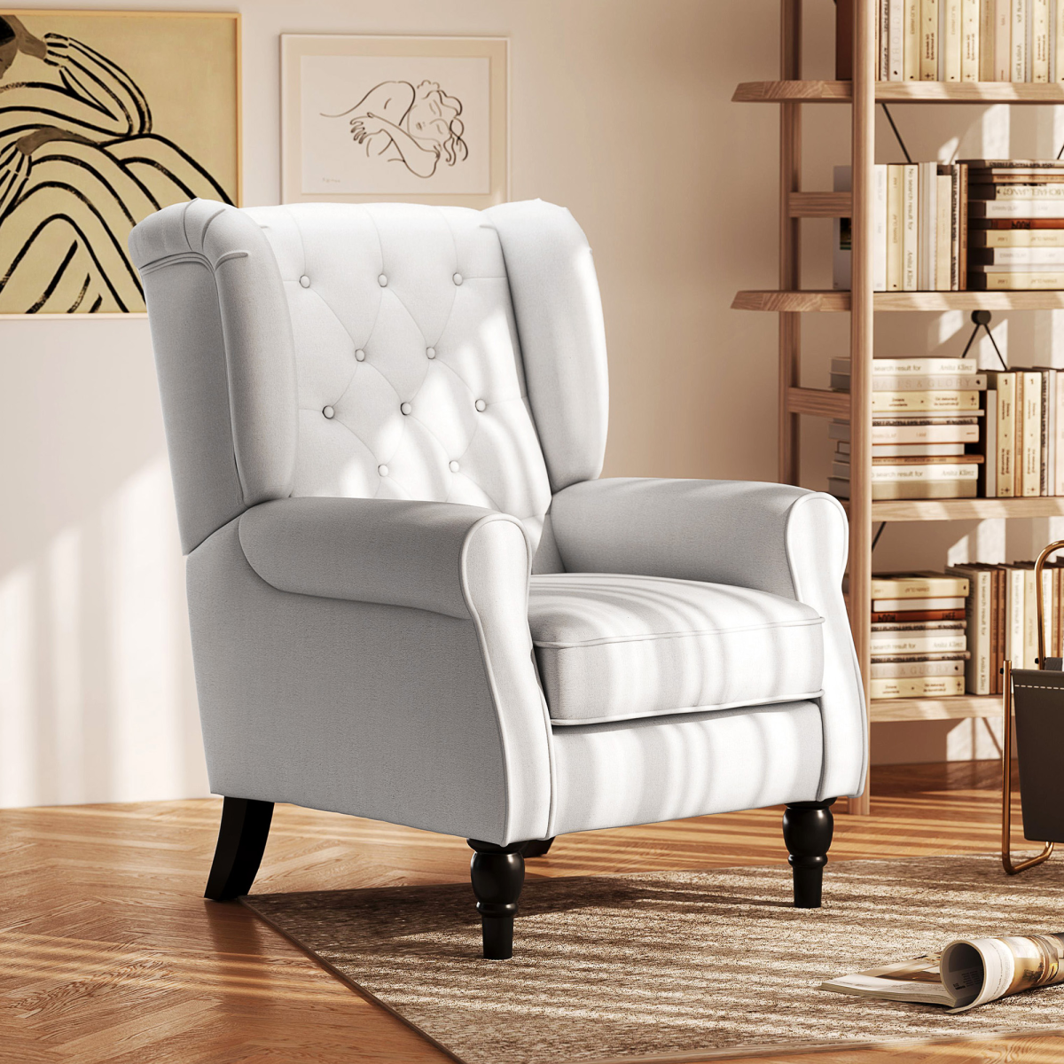 HOMCOM Retro Tufted Accent Armchair with Wooden Frame & Linen-Look Upholstery – Club Chair, Cream White