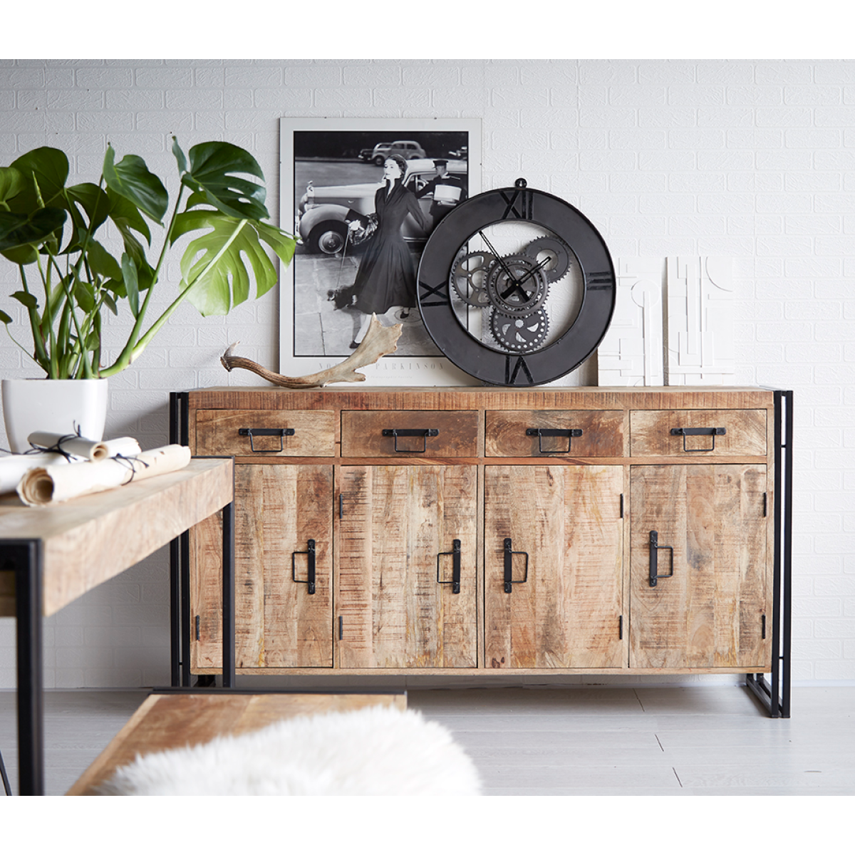 Indian Hub Cosmo Industrial Extra Large Sideboard – Solid Mango Wood & Reclaimed Metal, Hand-Crafted Storage
