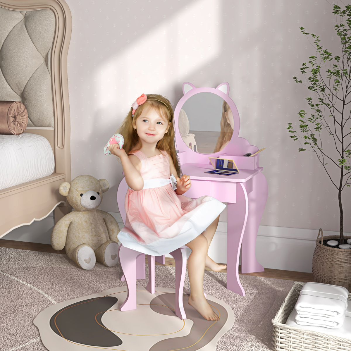 ZONEKIZ Kids Dressing Table with Mirror, Stool, Drawer & Side Storage Boxes – Cat Design Vanity Set, Pink