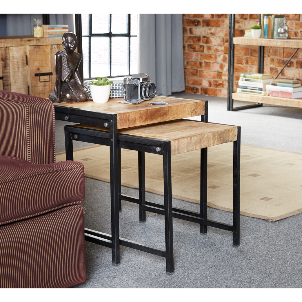 Cosmo Industrial Nest of 2 Tables in Mango Wood & Reclaimed Metal – Hand-Crafted Side Tables