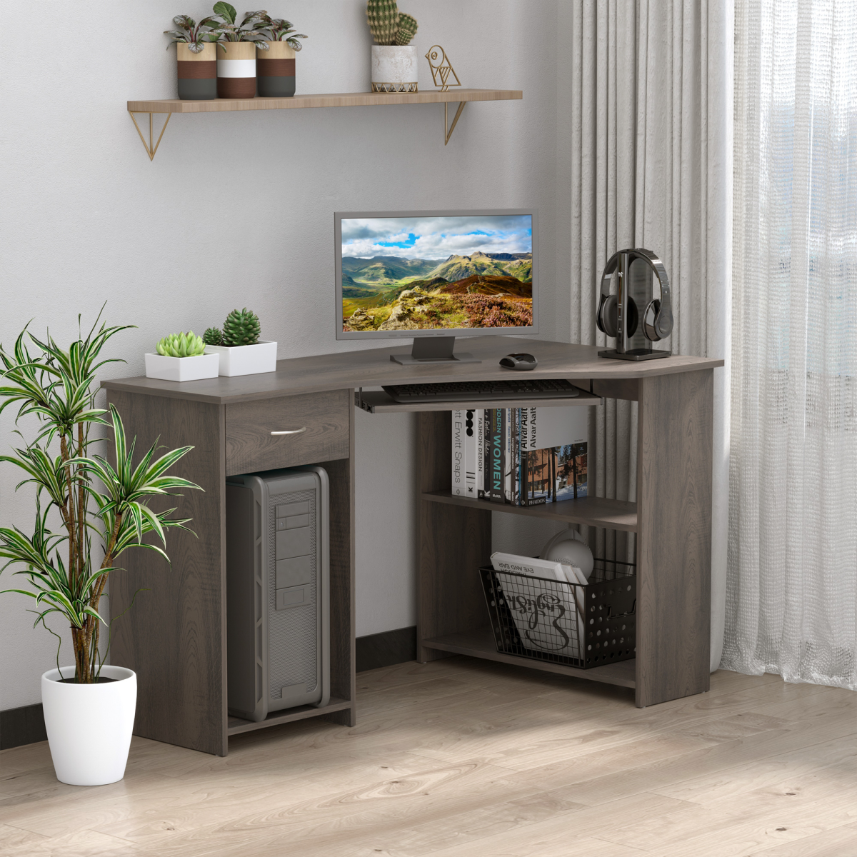 HOMCOM L-Shaped Corner Computer Desk with 2-Tier Side Shelves – Wide Home Office Workstation, Grey
