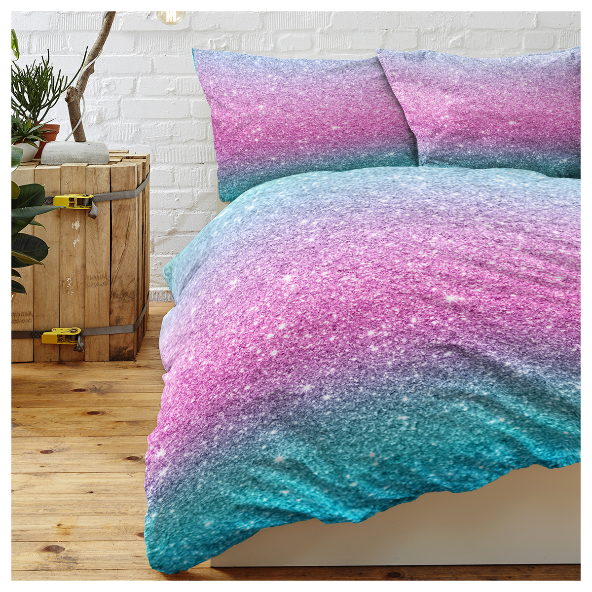 Rainbow Glitter Ombre Duvet Cover Set with 2 Pillow Shams – Unicorn Pastel Single Bedding