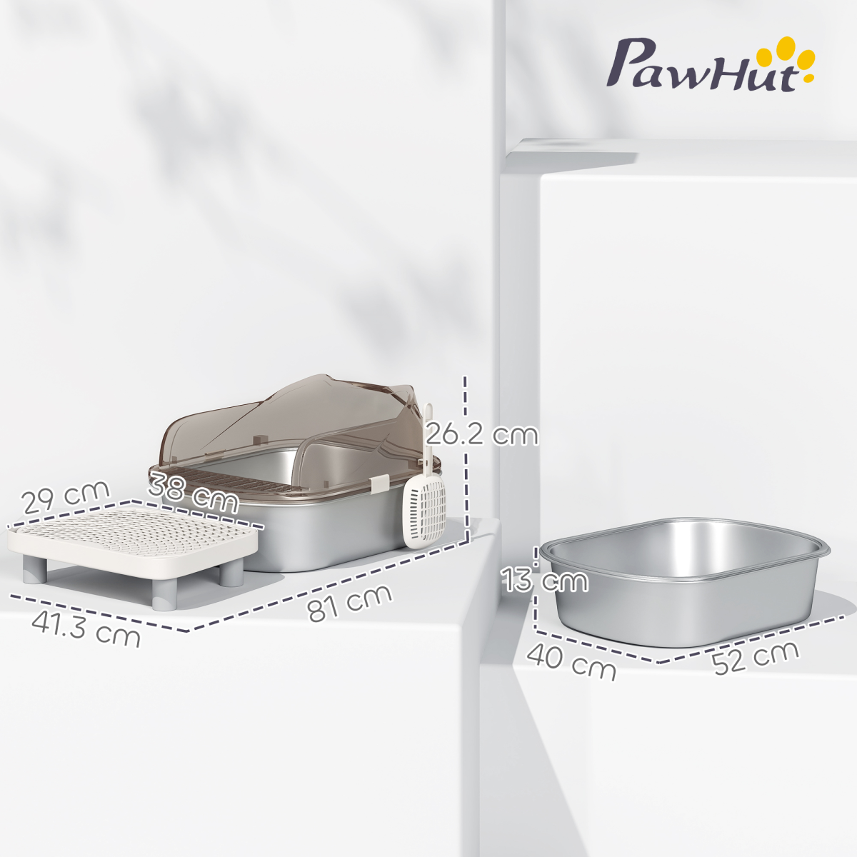 Cat Litter Box with High Sides, Stainless Steel Tray & Scoop – Anti-Splash Litter Tray, Charcoal Grey