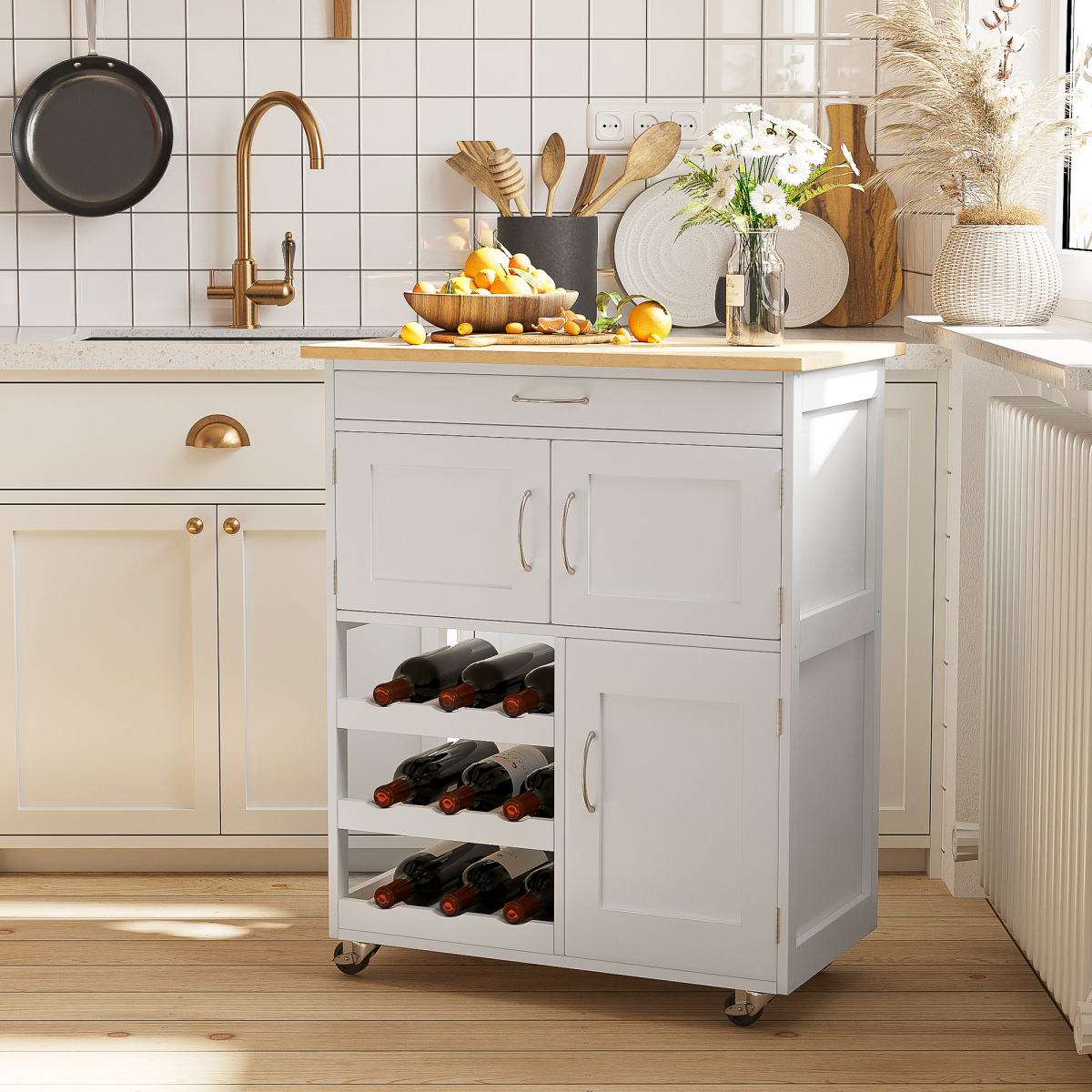 HOMCOM Rolling Kitchen Island Cart with Drawer & 9-Bottle Wine Rack – Rubberwood Worktop, White