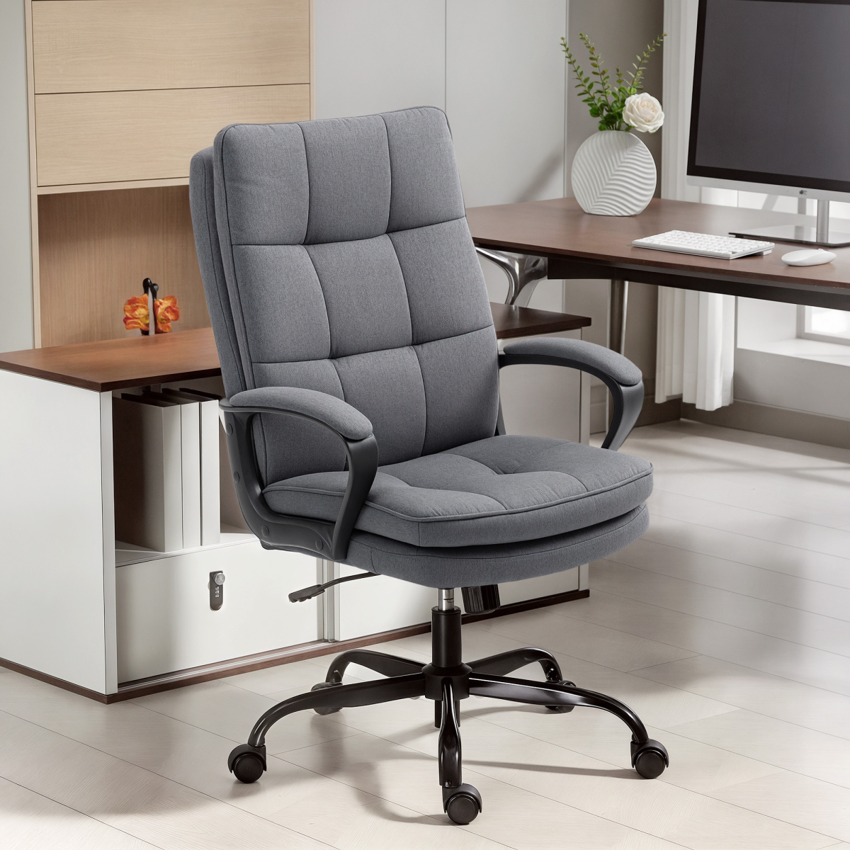 HOMCOM Linen Fabric Swivel Office Chair with Double Padding & Adjustable Tilt – Charcoal Grey