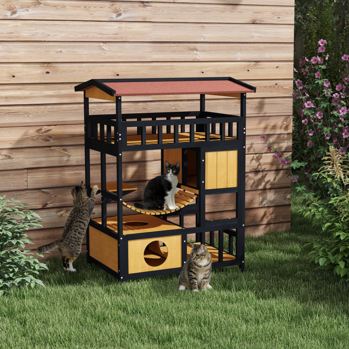 PawHut Outdoor Wooden Cat House with Suspension Bridge, Two Lounges and Sun Decks – Weather-Resistant Shelter, Yellow, Black and Red