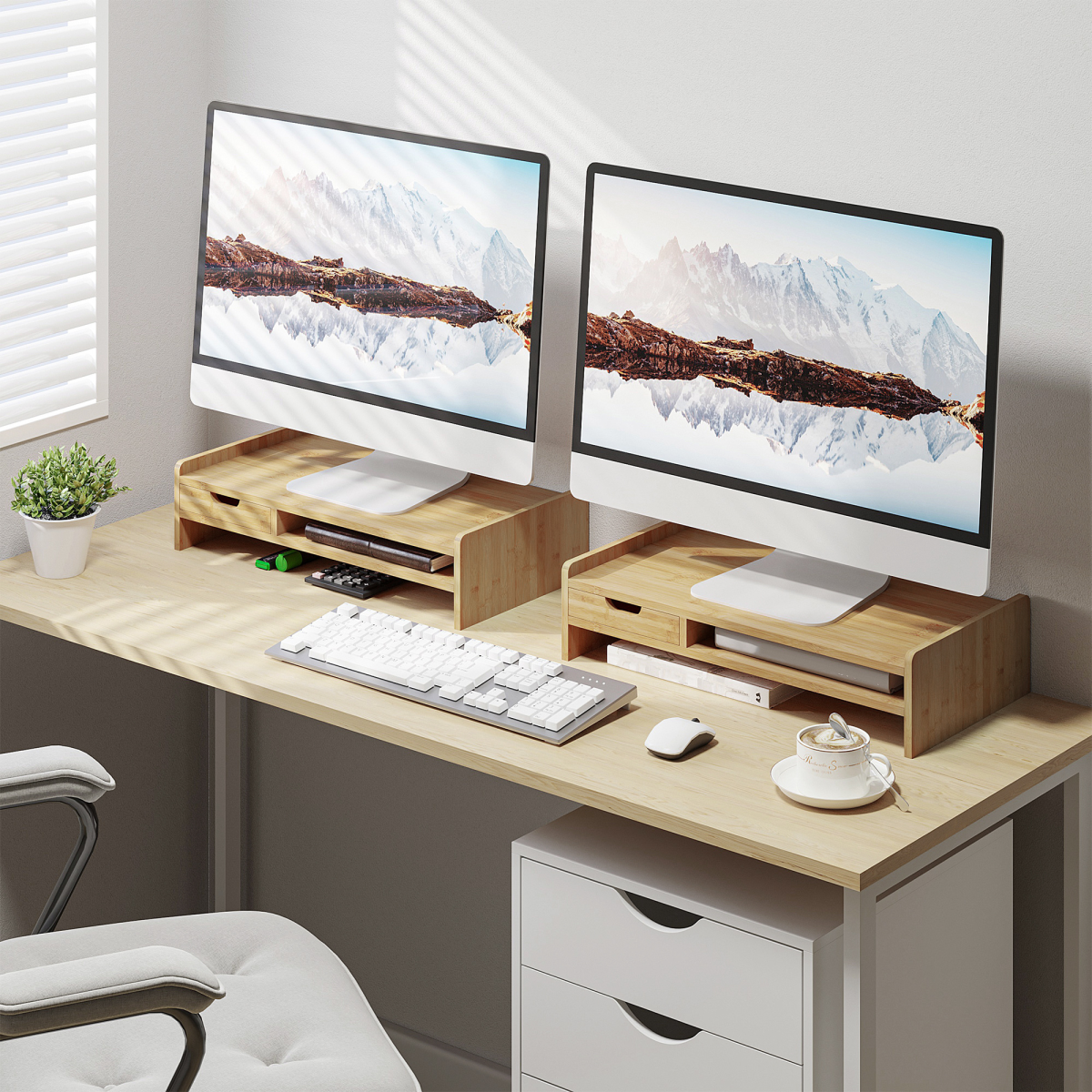 HOMCOM Bamboo Monitor Riser with Drawer – Desktop Organiser Stand for Laptop and PC, Natural