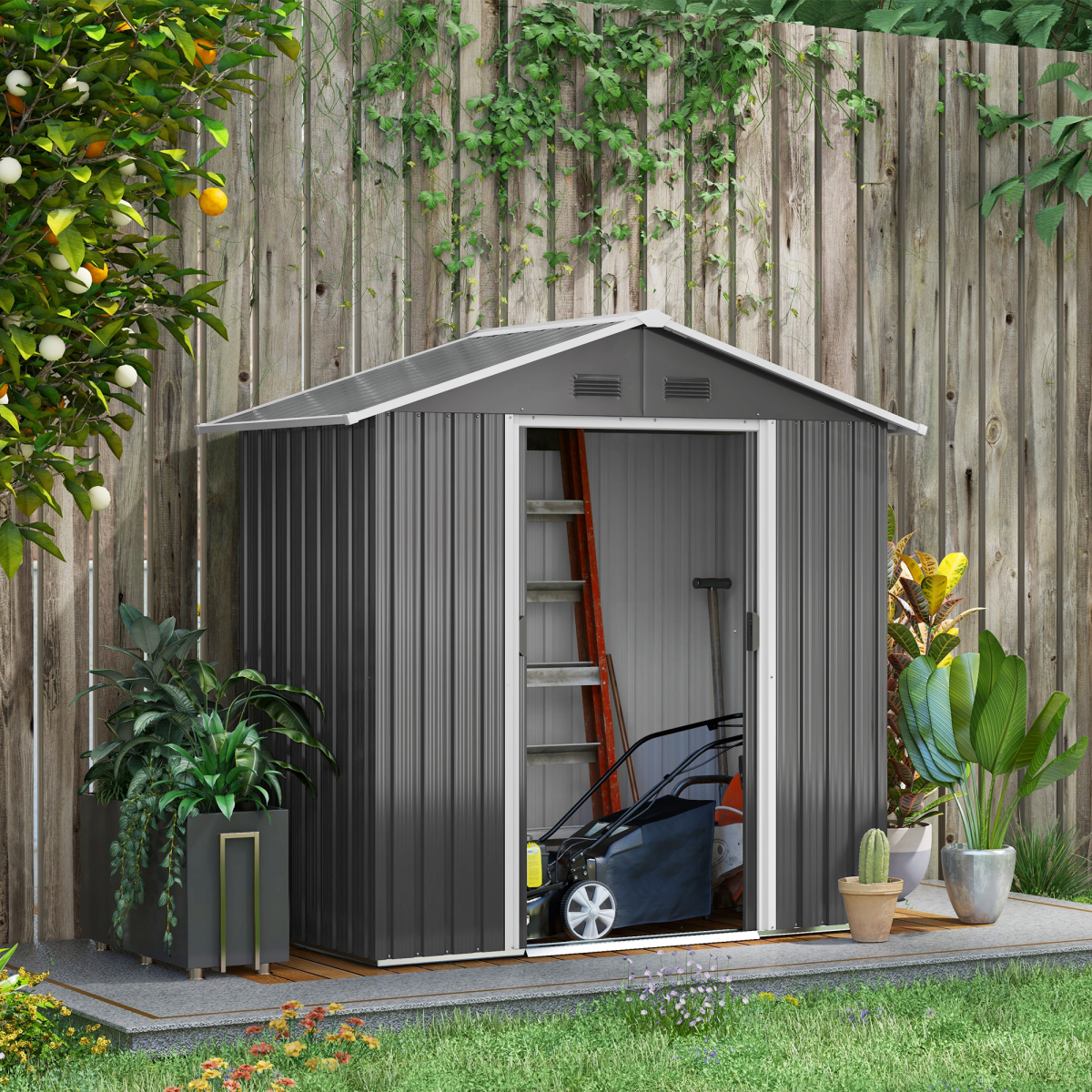 Outsunny 6.5 x 3.5ft Galvanised Steel Garden Shed with Double Sliding Doors and Vents – Outdoor Storage, Dark Grey