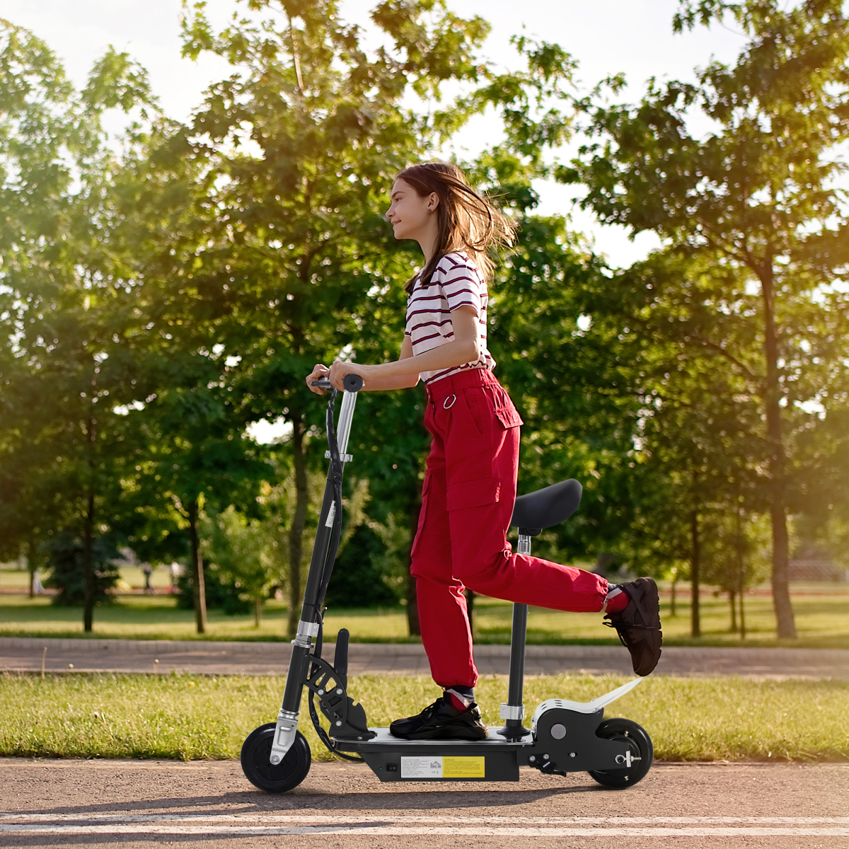 HOMCOM 120W Foldable Electric Scooter with Adjustable Seat, Hand Brake & Kickstand – Kids Ride-On for Ages 7–12