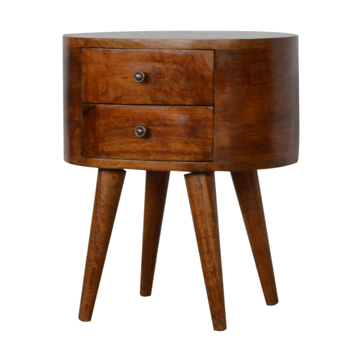 Artisan Furniture Chestnut Rounded Bedside Table with 2 Mini Drawers – Solid Mango Wood, Dark Brown