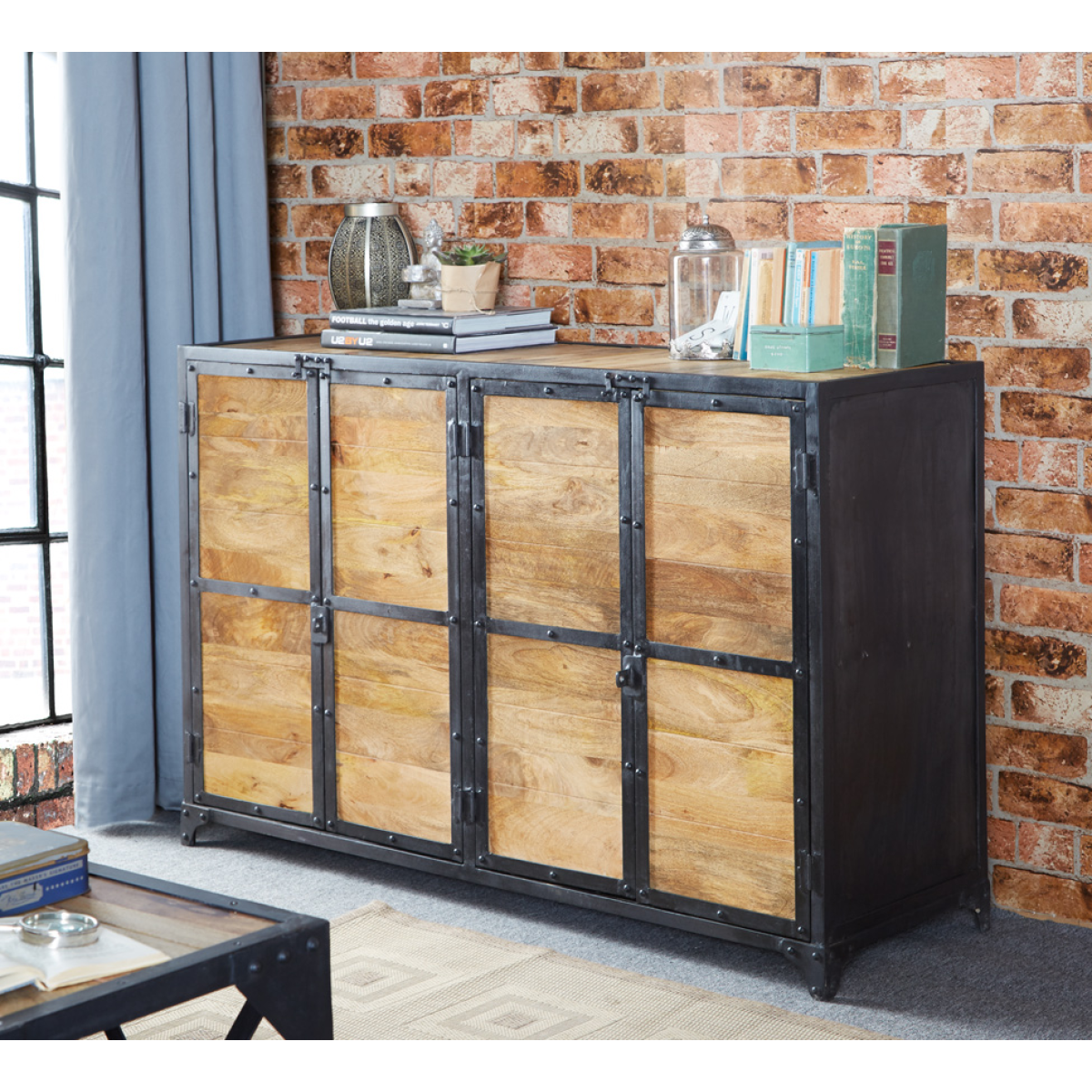 Indian Hub Ascot Large Hand-Crafted Sideboard with Cupboards & Drawers – Distressed Rustic Storage