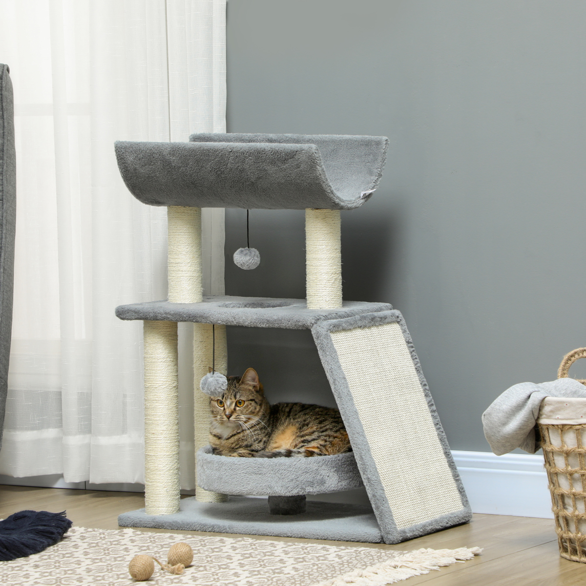 Cat Tree Tower for Indoor Cats with Scratching Posts, Padded Bed and Toy Ball – Light Grey