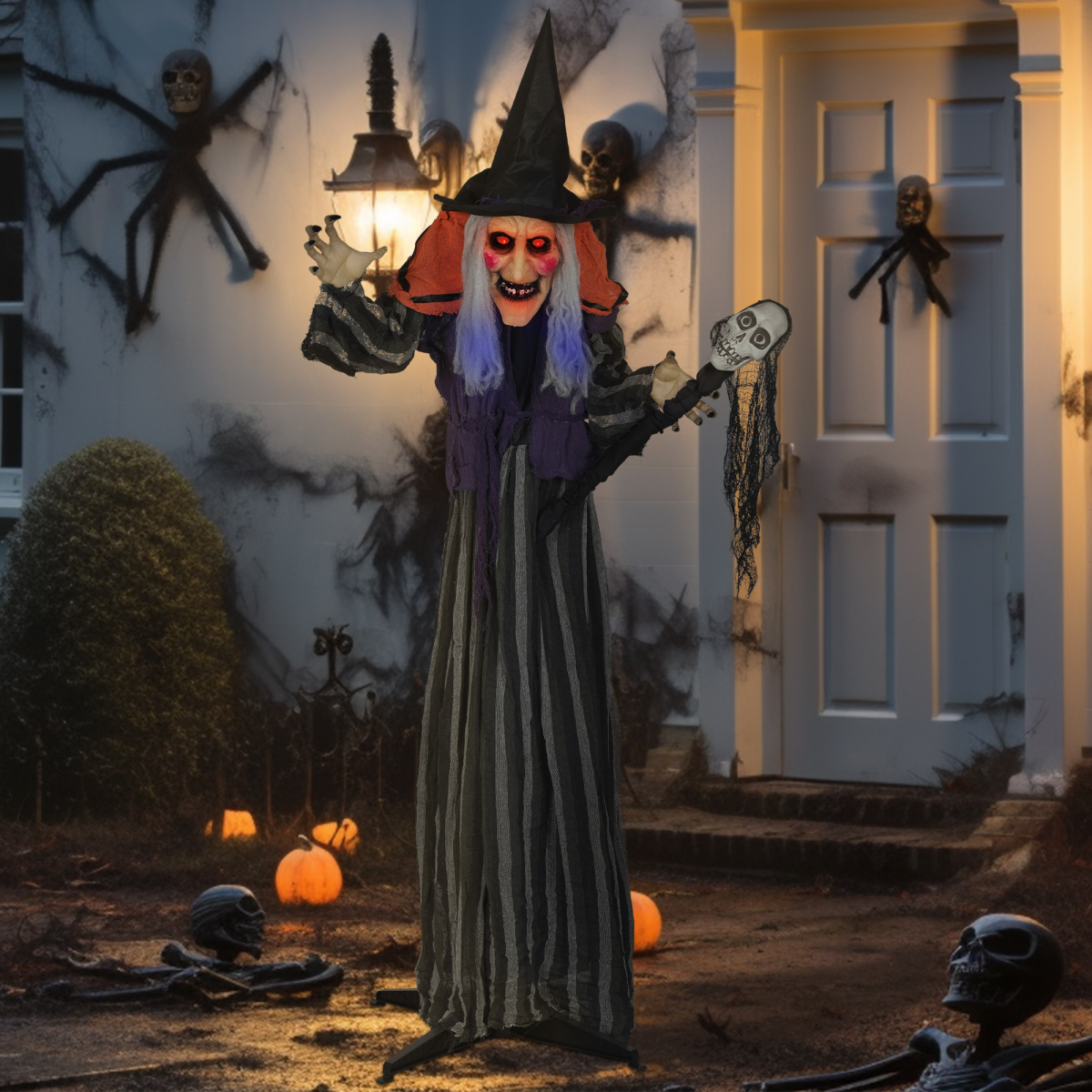 Outsunny Voice Activated Halloween Animatronic Standing Witch with Skull Staff – 160 cm Life-Size